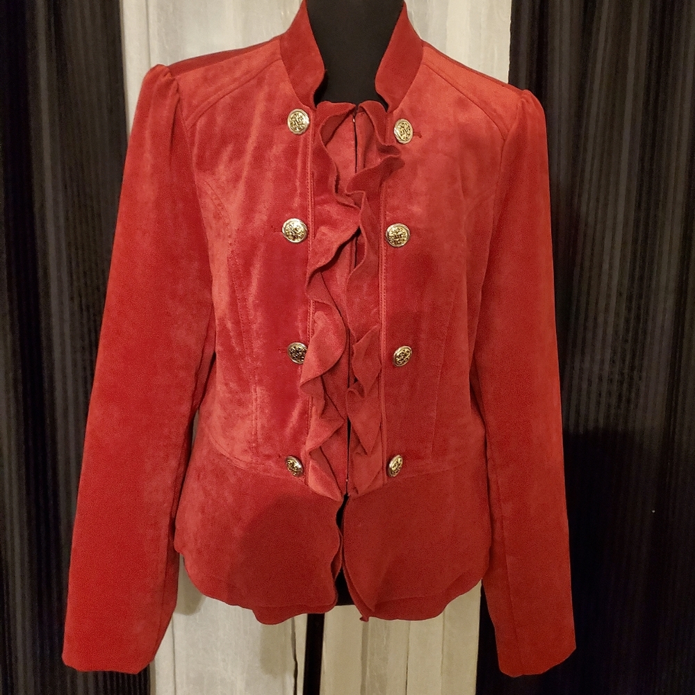 Cass Red Ruffled Military Style Jacket Size L